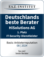 2024: Auszeichnung durch die F.A.Z. HiSolutions wird 2024 von der F.A.Z. als Bester Berater in der Kategorie IT Security Dienstleister ausgezeichnet